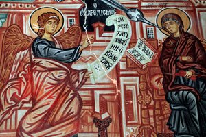 Byzantijns fresco uit de 15e eeuw, de Aankondiging aan de Heilige Maagd Maria, Michael Archangel Kerk in Pedoulas, Cyprus
